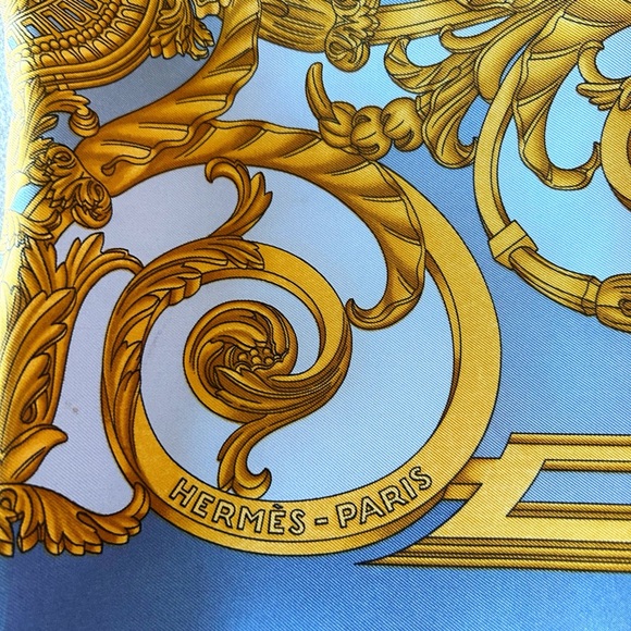 HERMES “Les Tuileries” Blue and Gold Silk Scarf - Picture 6 of 13